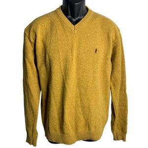 Vintage Marlboro Wool Pullover Sweater L Tan Knit V Neck Long Sleeve Ribbed Trim